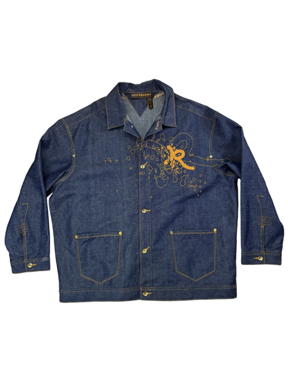 Men's Rocawear Denim Jacket 3XL Blue Embroidered Logo Y2K Orange Accents Hip Hop